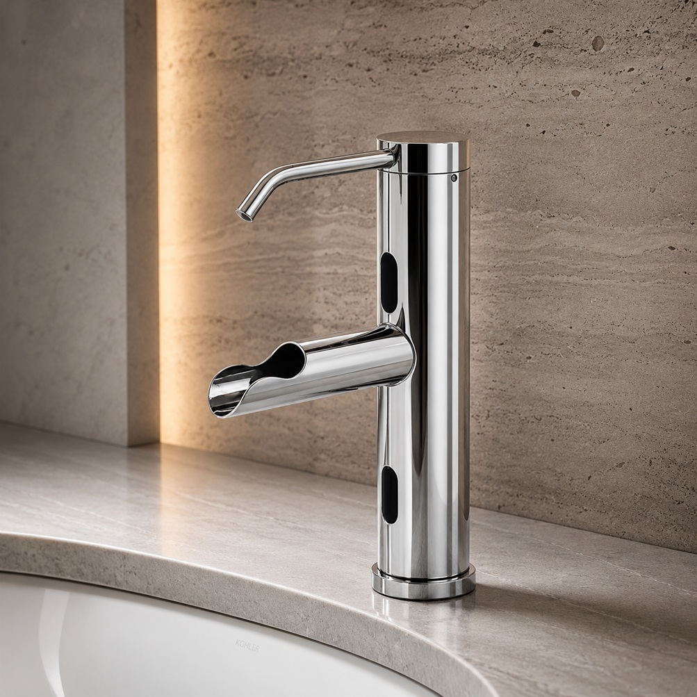 Polished chrome dual-outlet touchless faucet and soap dispenser model with cylindrical body and black sensor panels installed on a stone bathroom vanity